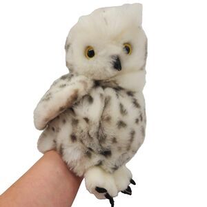 Cascade Toy Realistic Snowy Owl Puppet Plush Head Turns White Gray Spotted 12"